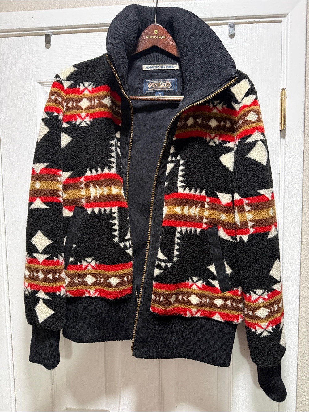 Pendleton Black Fleece Zip Sweater with Red and Brown Geometric Pattern